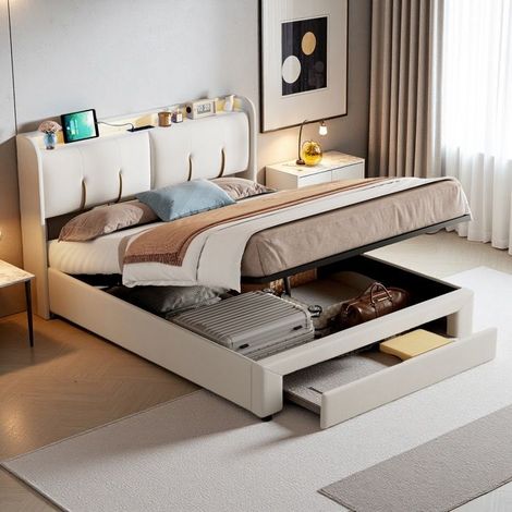 Cama Doble 160x200 - Cama Cofre Hidráulica - Almacenamiento LED - Cajones - Terciopelo Blanco