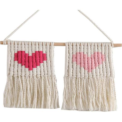 Handgewebter Wandteppich mit nordischem Herzmuster, Quasten und Makramee-Stil, Boho-Stil