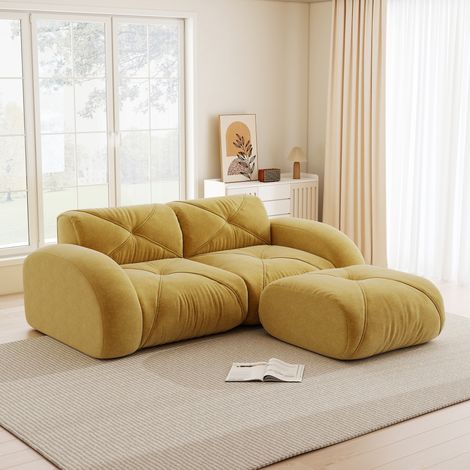 Canapé modulaire 2 places jaune avec tabouret mousse 32D tissu chenille. Résistant aux animaux design doux pour salon.