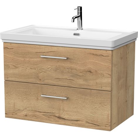 Pershall Contemporary Wall Hung 2 Drawer Vanity Unit with Traditional 1 Tap Hole Fireclay Basin, 800mm, Autumn Oak