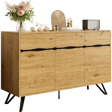 Buffet 3 portes imitation bois, piètement métal – Style contemporain, vaste espace de rangement, solide et entretien simple – Parfait pour séjour, salle à manger, entrée (1/4)