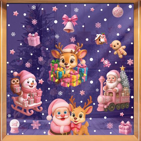 Autocollants décoratifs roses pour fenêtres, sapin de Noël, bonhomme de neige, autocollants pour fenêtres, cerf de Noël, flocons de neige, autocollants statiques