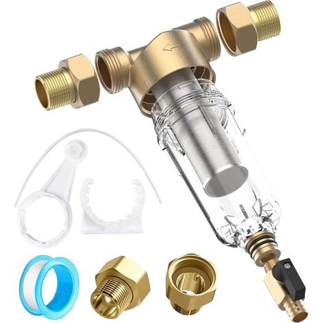 Filtre de rinçage pré-filtre pour installation d'eau domestique – Filtre à eau pour jardin et raccordement à la maison, filtre à sédiments spin Down de 1" avec adaptateur 3/4", en acier inoxydable (1/4)