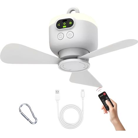 Ventilador de techo portátil, 8000 mAh, colgante, con mando a distancia y 3 velocidades, recargable y desmontable, imprescindible para el verano, para uso exterior e interior. (1/5)