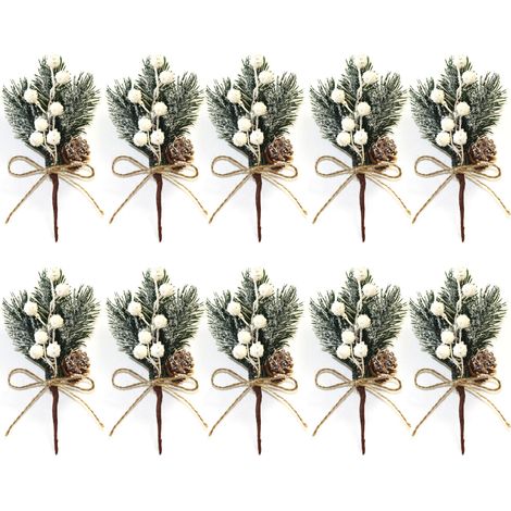Pics de pommes de pin et de baies artificielles, 10 pièces, fausses aiguilles de pin, Branches florales de noël pour bricolage, Arrangement, décor de vacances, blanc (1/5)