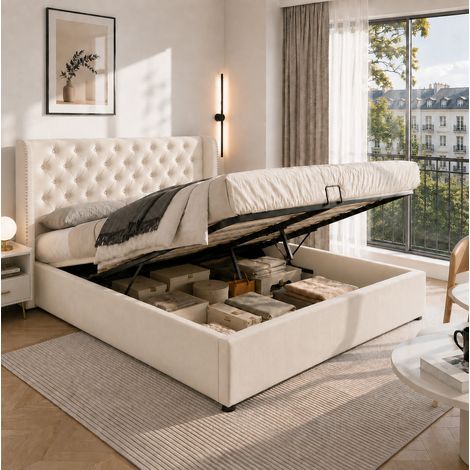 MEUBLIV Polsterbett 140x200 cm Samt Beige mit Stauraum, ohne Matratze (1/5)