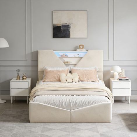 Letto 140x190 con contenitore, Letto con cofano e LED, Letto capitonné con rete a doghe, letto 2 posti, Letto per adulti, Velluto bianco sporco