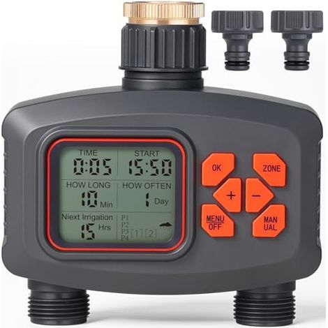 Bewässerungscomputer mit 2 Ausgängen, Wasserzeitschaltuhr Regenverzögerung, Automatische Bewässerung Wasser Zeitschaltuhr mit 8 Zeitplänen und Manueller Modus, Timer mit LCD für Rasen, Garten, Balkon (1/5)