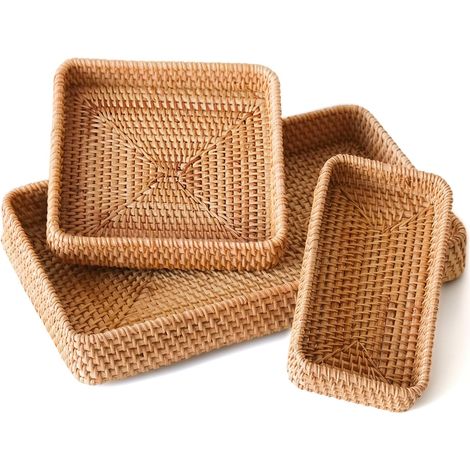 Plateau En Rotin - Rectangulaire - Pour Cuisine Salle De Bain Salon - Lot De 3 - Petit 21x11x4 Cm Moyen 21x21x4 Cm Grand 37x23x5 Cm (1/5)