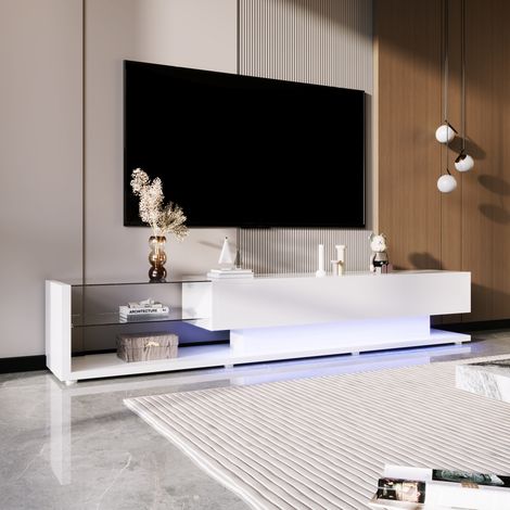 TV-Schrank 170 x 38 x 36 cm mit Trennwänden aus Hochglanzglas und verstellbarer LED-Beleuchtung,Design moderner,Weiß