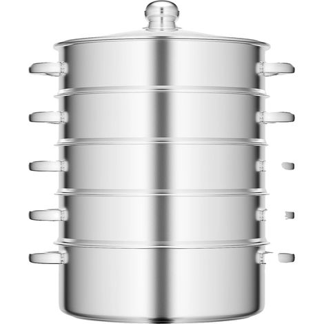 Vaporera, diseño de 5 niveles, acero inoxidable de alta calidad, color plata.