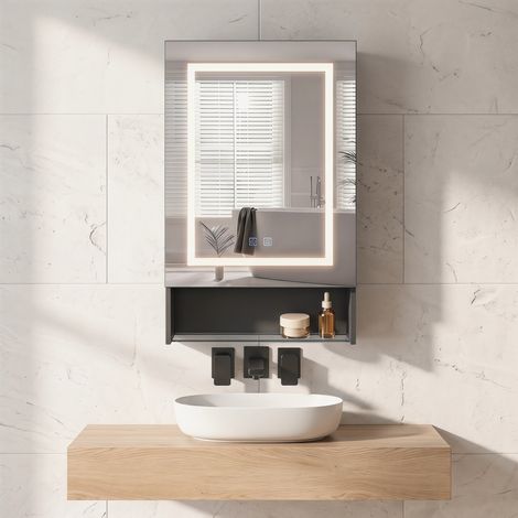 Armoire salle de bain miroir, Armoire miroir mural une porte 50×88cm, LED réglable, Miroir HD, trois couleurs réglables