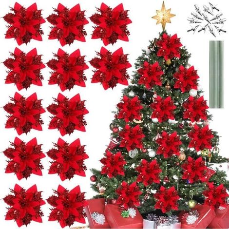 Künstliche Weihnachtsblumen - Weihnachtsstern - 12 Stiele mit Clips - Funkelndes Rot
