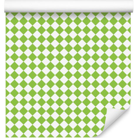 Papel pintado geométrico de rombos en verde lima y blanco para salón y dormitorio, 50x1000 cm. (1/5)