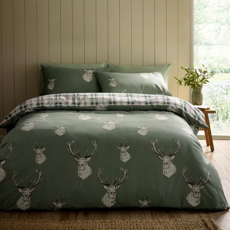 Parure de lit réversible avec Housse de Couette et taie d'oreiller Motif cerf Vert (1/5)