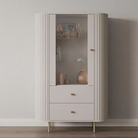 AX LIVING Vitrine Halay Beige, 1 Tür & 2 Schubladen Moderne Rillenstruktur, mit runden Kanten