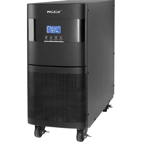 Online-USV, Marke Phasak, Modell PH 9270 10000 VA, ideal für IT und kritische Anwendungen, mit Doppelwandler, Pure Wave, Bypass, ECO-Modus, SNMP, USB HID und Fernverwaltung.
