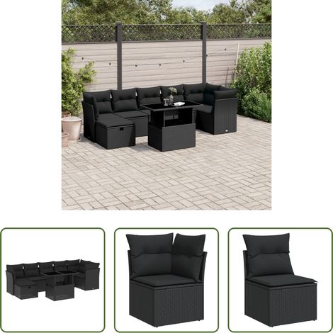 Gartentisch - 8-tlg. Garten-Sofagarnitur mit Kissen Schwarz Poly Rattan (1/5)