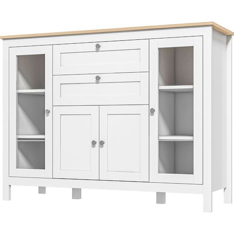 Weißes Sideboard, 120 x 40 x 90 cm, Aufbewahrungsmöbel mit einem Doppeltürschrank, zwei Schränken mit Glastüren, zwei Schubladen und einem verstellbaren Einlegeboden, moderner Stil, für Esszimmer und 