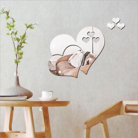 Autocollants muraux en miroir acrylique en forme de double cœur pour salon, chambre à coucher, salle de bain