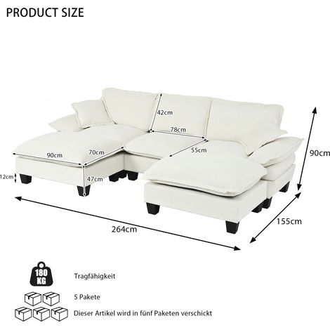 Canapé d'angle modulable en forme de U, design bateau, livré avec 2 poufs mobiles et 2 coussins douillets, revêtement en chenille confortable pour salon ou appartement, beige (1/4)