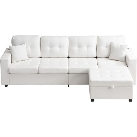 Divano modulare a L beige con ottomana contenitore, USB e LED HOMVRA (1/5)
