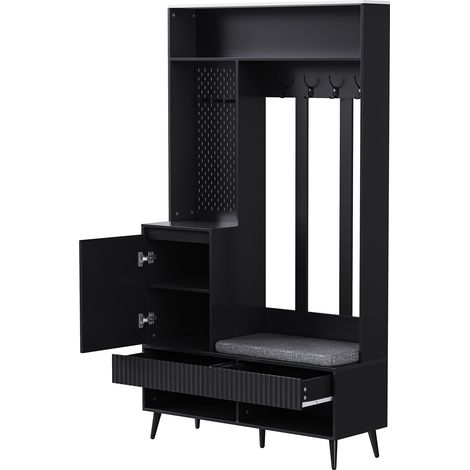 Ensemble de vestiaire mural, meuble d’entrée avec banc à chaussures, ensemble de vestiaire avec 4 crochets, deux tiroirs et 1 porte, noir, 100 Lx35Bx180H cm (1/5)