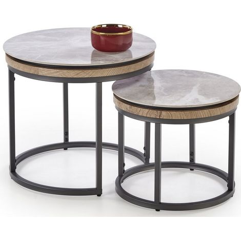 Ensemble de deux tables gigognes rondes avec plateau aspect marbre PIETER (1/5)