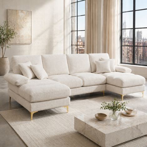 Divano a U 272/136/88 cm in chenille beige con 2 chaise longue e piedi in metallo dorato (1/5)