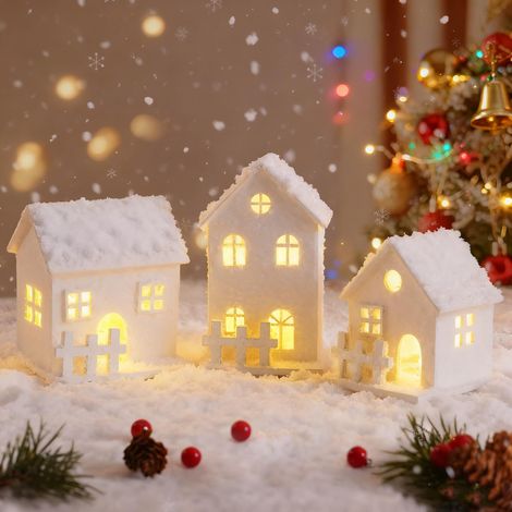 3 Pièces Village de Noel en Bois, Maison Miniature, Maison de Neige Blanche, Mini Lumineux LED à Pile, Decoration - MMCD-ZGL-04987 (1/5)