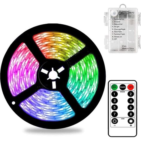 Bande LED de 3 m alimentée par batterie avec télécommande, 90 LED, étanche, 8 modes, intensité réglable, sécable (multicolore)