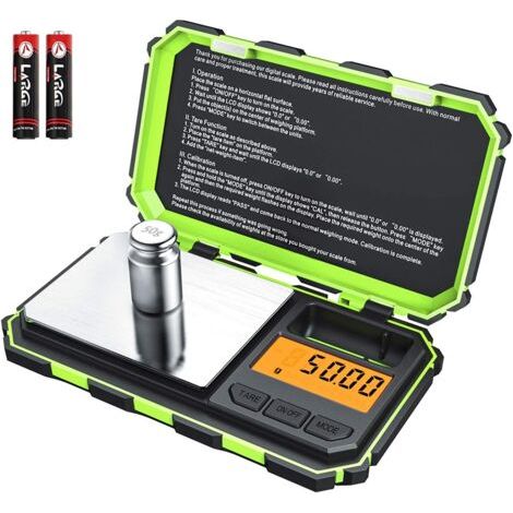 Balanza digital de bolsillo, precisión de 200 g/0,01 g, con conversión de 6 unidades, función de tara y calibración, pantalla LCD, color verde. (1/5)