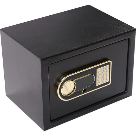 Caja fuerte pequeña de 22 litros con combinación, fabricada en acero ignífugo y con llave de emergencia. Apta para documentos de identidad, documentos A4, portátiles y joyas. Color negro.
