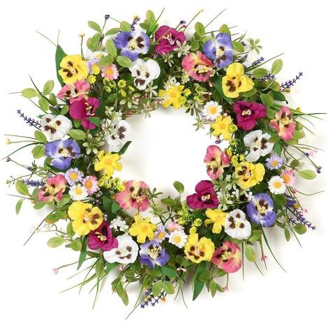 Couronne de Printemps pour Porte d'Entrée 51CM Grande Couronne Artificielle Fleur de Pensée Artificielle Couronne Verte Colorée Printemps Eté pour Porte Fenêtre Décoration Murale (1/5)