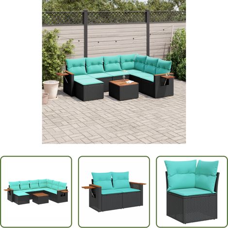 Gartentisch - 8-tlg. Garten-Sofagarnitur mit Kissen Schwarz Poly Rattan (1/5)