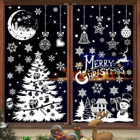 Stickers Autocollant Noel Fenetre - 202 Pcs Blanc Stickers Noel Vitre Réutilisable, Noël Autocollant pour Fenetre Sapin Flocons de Neige, Decoration Noël Interieur Maison Vitrine Verre (1/4)