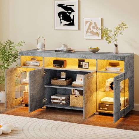 Table d'appoint, meuble d'appoint de salon laqué brillant avec éclairage LED, buffet large, meuble d'appoint en verre trempé à 3 compartiments. (1/5)