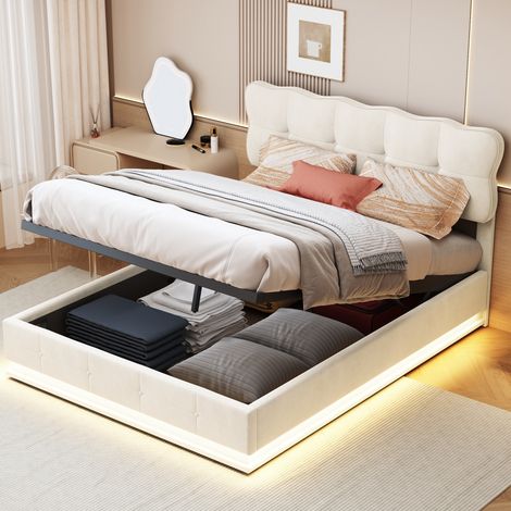 Cama de almacenamiento 140x200 cm con cabecero en forma de nube - iluminación LED - tela de terciopelo - sistema de almacenamiento hidráulico y somier de lamas - Beige