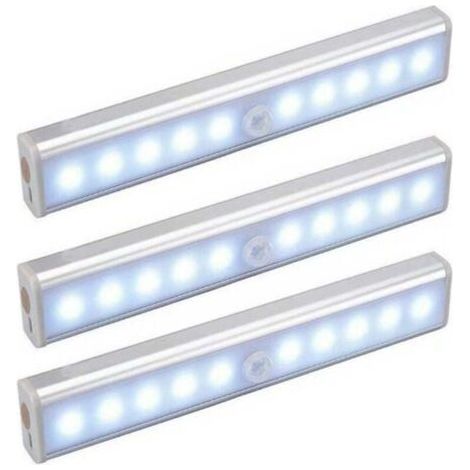 Lot de 3 Lampes 10 LED, Sans Fil, Rechargeable par USB, Aimanté, Détecteur de Mouvement, Portable. Lumière de Placard, Baladeuse de Secours, Veilleuse Enfant, Appoint