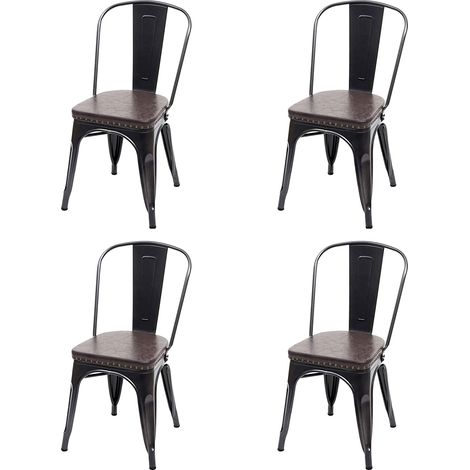 4x chaises de salle à manger cuisine style industriel métal noir et synthétique marron CDS04557 (1/5)