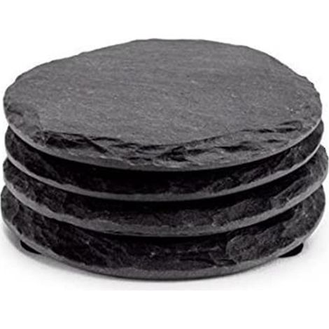 Lot de 4 sous-verres ronds en ardoise noire, faits main, pour boissons et verres à vin (1/5)