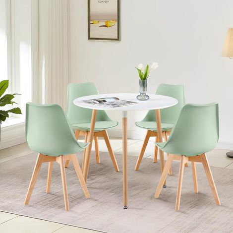 Essgruppe Rundtisch 80cm Weiß mit 4 Skandinavischen Stühlen Eiscreme-Grün (1/5)