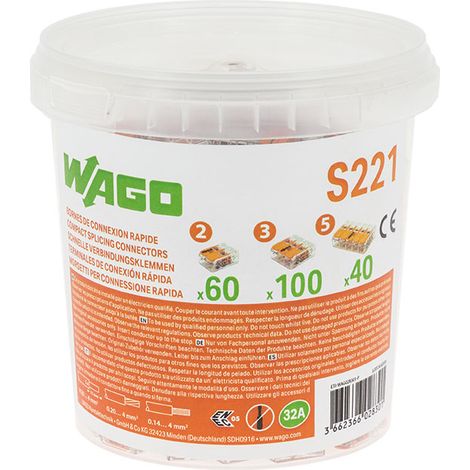 Wago – Pot de 200 bornes de connexion automatique CAGE CLAMP® 2,3 et 5 entrées – Courant 32A – Tension 405V – Boîtier transparent
