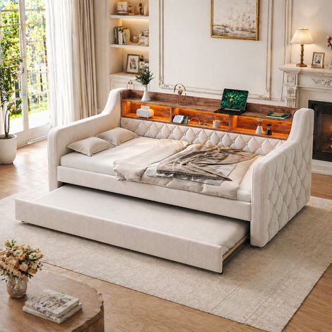 Sofa-Bett 90x190 cm ausziehbar mit Stauraum und Regal, modernes Samt Ausziehbett in Beige mit LED-Beleuchtung & USB-Anschluss für Gästezimmer (1/5)