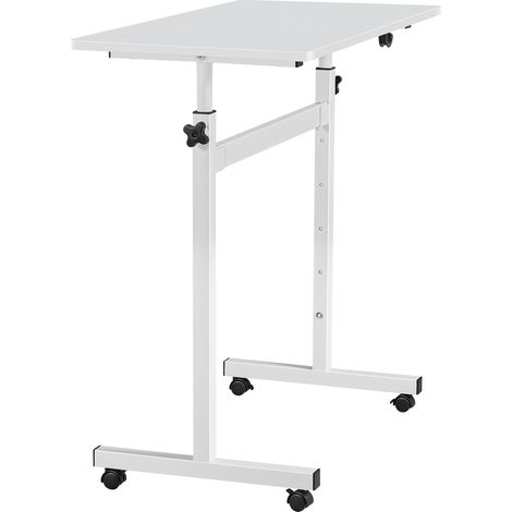 Mophorn Escritorio de pie ajustable, mesa móvil con ruedas bloqueables, estación de trabajo compacta para ordenador de 810 x 410 mm con gancho, capacidad de carga de 25 kg, color blanco (1/5)