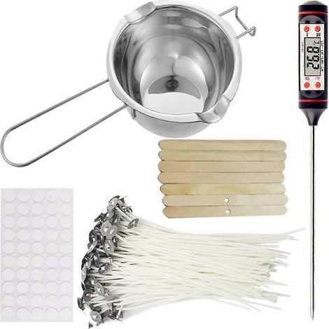 Kit de fabrication de bougies, pot à fondre les bougies, mèches de bougie, autocollants pour mèches, porte-mèches, thermomètre et (1/2)