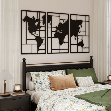 Wanddekoration aus Metall 50/1,9/80 cm, 3er-Set in Schwarz mit Weltkartenmotiv (1/5)