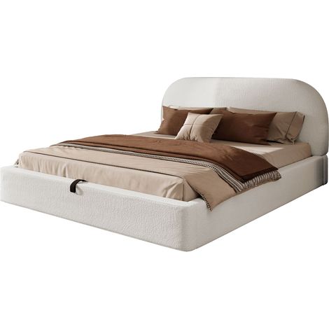 Lit coffre 180x200 cm Lit adulte avec rangement hydraulique intégré et tête de lit capitonnée - Tissu bouclé  - beige (1/5)