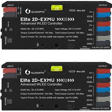 Contrôleur LED GLEDOPTO Elite ESP32 WLED avec Ethernet, réactif à la musique, relais d'économie d'énergie, fusible 20A, éclairage dynamique numérique DIY (lot de 2) (1/5)