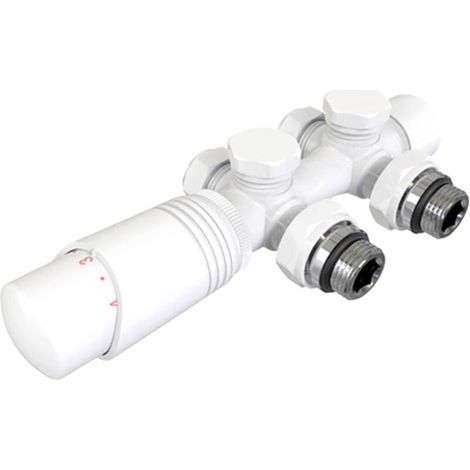 [NEVER USED] Multiblock radiator valve fittings, valve block heating accessories corner and straight-through design 50mm, with thermostat (for 15mm+16mm pipes  G1/2", 1 piece, white)